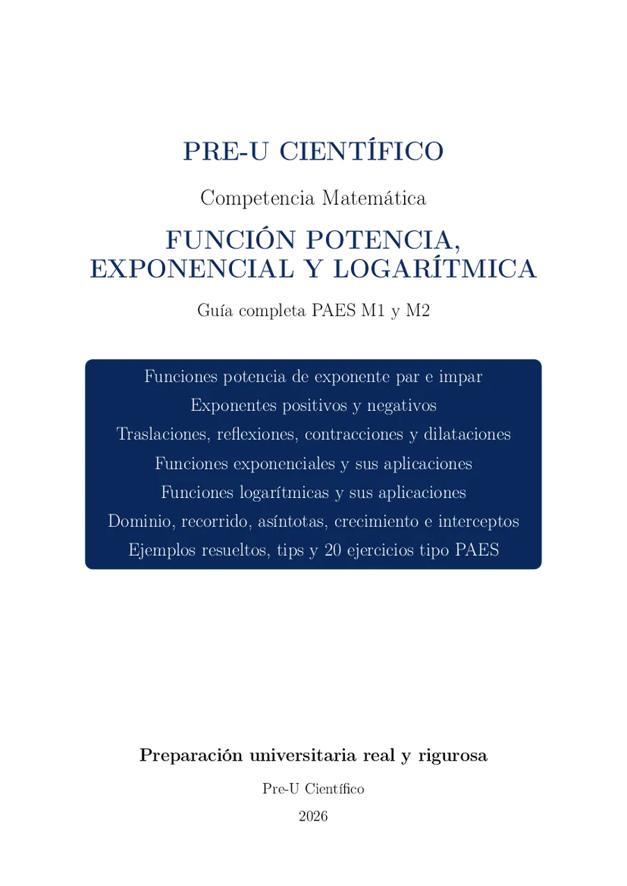 Guía Completa PAES M1 + M2 – Función Potencia, Exponencial y Logarítmica
