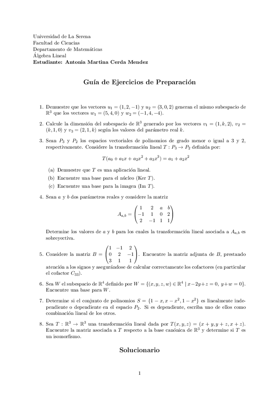Guía de Álgebra Lineal con solucionario.